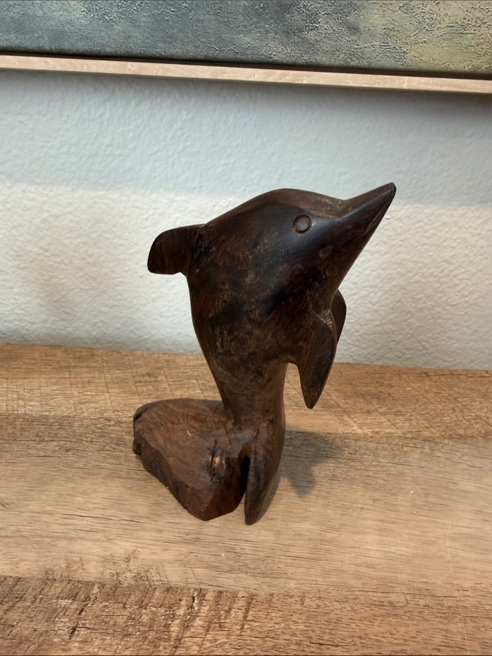 Hand-Carved Dark Brown Wooden Dolphin Sculpture - Home Accents